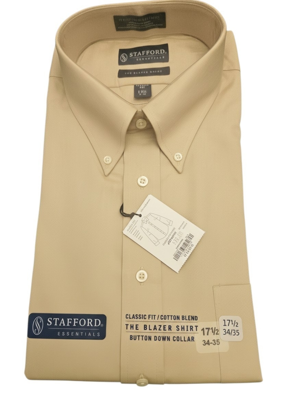 Stafford Men’s Button-Down Dress Shirt Light Fawn Khaki Tan Size 17.5 34-35